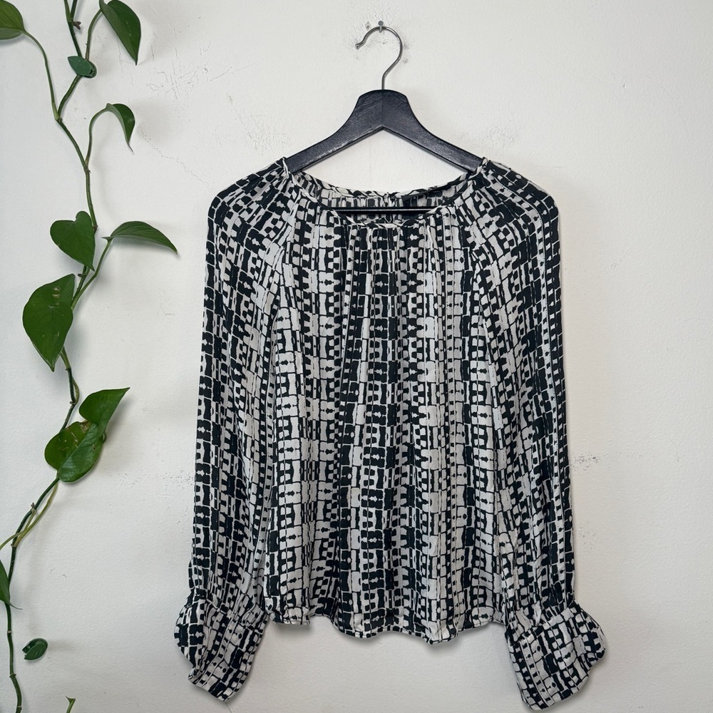 Derek Lam Black and White Geometric Print Silk Top {2}